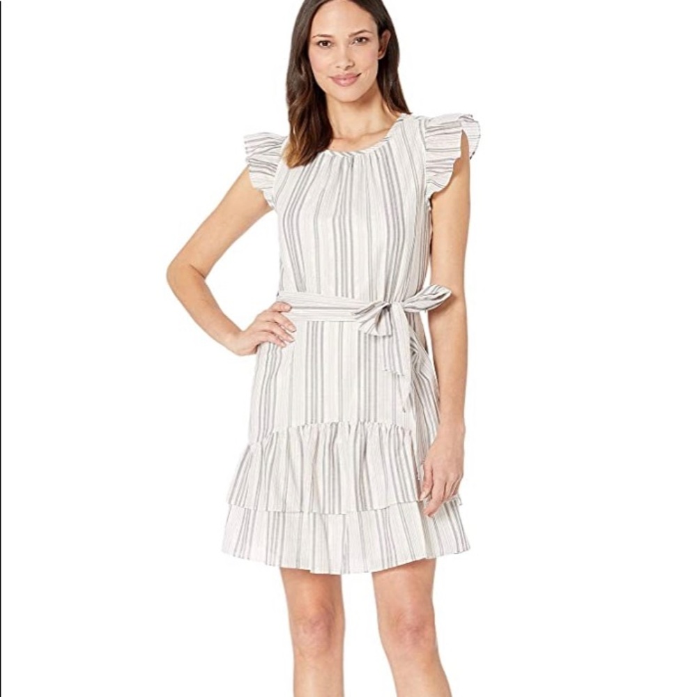 Cece Flutter Sleeve Metallic Stripe Ruffled Dress - image 1